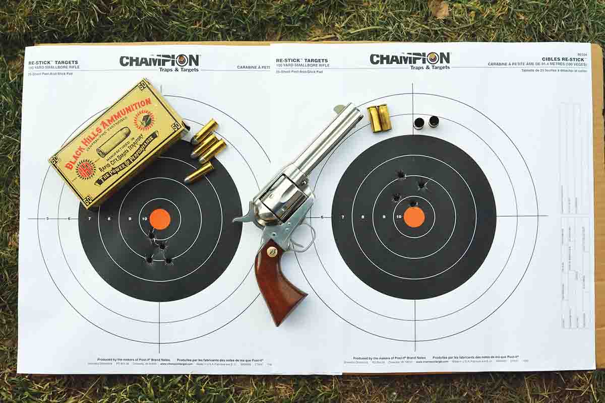 The .45 Colt produced good accuracy with both factory loads and handloads. The group on the left was fired using Black Hills 250-grain RNFP Cowboy loads. The group on the right was a handload containing the Missouri Bullet Company 250-grain RNFP and Alliant BE-86 powder.